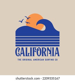 Vector illustration on the theme of surfing and surf in California. Vintage design. Sport typography, t-shirt graphics, print, poster, banner, flyer, postcard