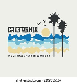 Vector illustration on the theme of surfing and surf in California. Sport typography, t-shirt graphics, print, poster, banner, flyer, postcard