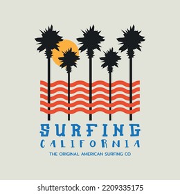 Vector illustration on the theme of surfing and surf in California. Sport typography, t-shirt graphics, print, poster, banner, flyer, postcard