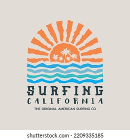 Vector illustration on the theme of surfing and surf in California. Sport typography, t-shirt graphics, print, poster, banner, flyer, postcard