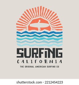 Vector illustration on the theme of surfing and surf in California. Vintage design. Sport typography, t-shirt graphics, print, poster, banner, flyer, postcard