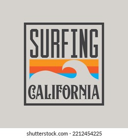 Ilustración vectorial sobre el tema del surf y el surf en California. Diseño de época. Tipografía deportiva, gráficos para camisetas, impresión, afiche, pancarta, volante, postal