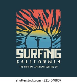 Vector illustration on the theme of surfing and surf in California. Sport typography, t-shirt graphics, print, poster, banner, flyer, postcard