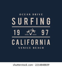 Vector illustration on the theme of surfing and surf in California. Sport typography, t-shirt graphics, print, poster, banner, flyer, postcard