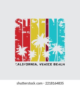 Vector illustration on the theme of surfing and surf in California, Venice beach. Vintage design. Grunge background. Sport typography, t-shirt graphics, poster, print, banner, flyer, postcard