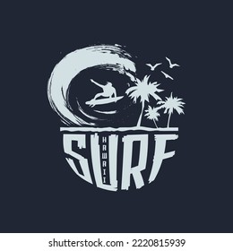 Ilustración vectorial sobre el tema del surf y el surf en Hawaii. Tipografía deportiva, gráficos para camisetas, impresión, afiche, pancarta, volante, postal