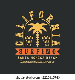 Vector illustration on the theme of surfing and surf in California. Vintage design. Sport typography, t-shirt graphics, print, poster, banner, flyer, postcard