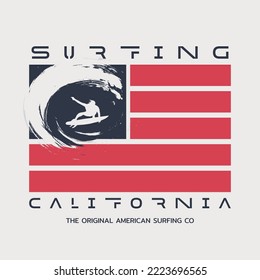 Vector illustration on the theme of surfing and surf in California. American flag.  Sport typography, t-shirt graphics, print, poster, banner, flyer, postcard