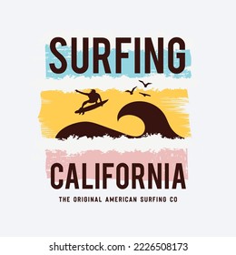 Vector illustration on the theme of surfing and surf in California. Vintage design. Sport typography, t-shirt graphics, print, poster, banner, flyer, postcard