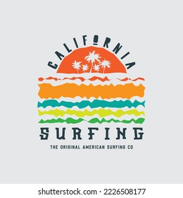 Vector illustration on the theme of surfing and surf in California. Sport typography, t-shirt graphics, print, poster, banner, flyer, postcard