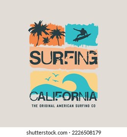 Vector illustration on the theme of surfing and surf in California. Vintage design. Sport typography, t-shirt graphics, print, poster, banner, flyer, postcard