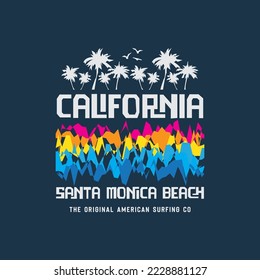 Vector illustration on the theme of surfing and surf in California. Sport typography, t-shirt graphics, print, poster, banner, flyer, postcard