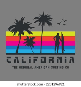Vector illustration on the theme of surfing and surf in California. Vintage design. Sport typography, t-shirt graphics, print, poster, banner, flyer, postcard