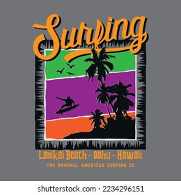 Vector illustration on the theme of surfing and surf in Hawaii. Sport typography, t-shirt graphics, print, poster, banner, flyer, postcard