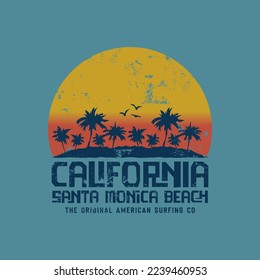 Ilustración vectorial sobre el tema del surf y el surf en California. Diseño de época. Borde de fondo. Tipografía deportiva, gráficos para camisetas, afiche, impresión, pancarta, volante, postal