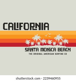 Vector illustration on the theme of surfing and surf in California. Sport typography, t-shirt graphics, print, poster, banner, flyer, postcard