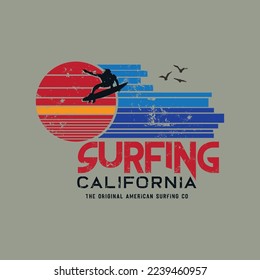 Vector illustration on the theme of surfing and surf in California. Vintage design. Grunge background. Sport typography, t-shirt graphics, poster, print, banner, flyer, postcard