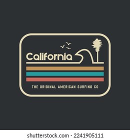 Ilustración vectorial sobre el tema del surf y el surf en California. Tipografía deportiva, gráficos para camisetas, impresión, afiche, pancarta, volante, postal