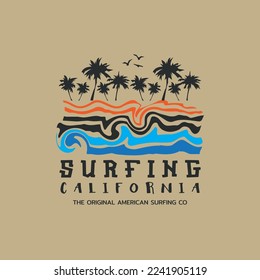 Vector illustration on the theme of surfing and surf in California. Sport typography, t-shirt graphics, print, poster, banner, flyer, postcard