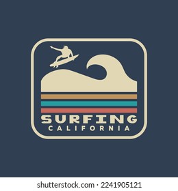 Ilustración vectorial sobre el tema del surf y el surf en California. Tipografía deportiva, gráficos para camisetas, impresión, afiche, pancarta, volante, postal