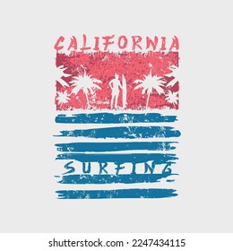Ilustración vectorial sobre el tema del surf y el surf en California. Bandera estadounidense.  Diseño de época. Borde de fondo. Tipografía, gráficos para camisetas, impresión, afiche, pancarta, volante, postal