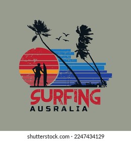 Vector illustration on the theme of surfing and surf in Australia. Vintage design. Grunge background. Sport typography, t-shirt graphics, poster, print, banner, flyer, postcard