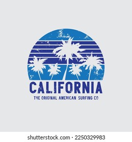 Vector illustration on the theme of surfing and surf in California. Vintage design. Sport typography, t-shirt graphics, print, poster, banner, flyer, postcard
