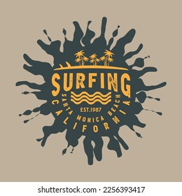 Vector illustration on the theme of surfing and surf in California. Vintage design. Sport typography, t-shirt graphics, print, poster, banner, flyer, postcard