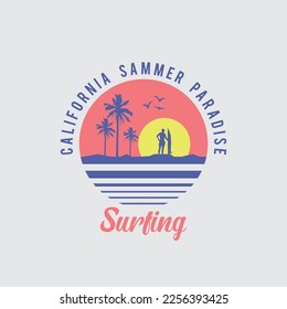 Vector illustration on the theme of surfing and surf in California. Vintage design. Sport typography, t-shirt graphics, print, poster, banner, flyer, postcard