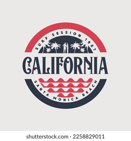 Vector illustration on the theme of surfing and surf in California. Stump typography, t-shirt graphics, print, poster, banner, flyer, postcard