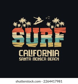 Vector illustration on the theme of surfing and surf in California. Sport typography, t-shirt graphics, print, poster, banner, flyer, postcard