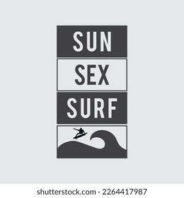 Ilustración vectorial sobre el tema del surf, sexo y surf en California. Tipografía deportiva, gráficos para camisetas, impresión, afiche, pancarta, volante, postal