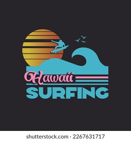 Vector illustration on the theme of surfing and surf in Hawaii. Sport typography, t-shirt graphics, print, poster, banner, flyer, postcard