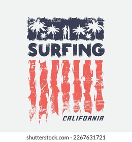 Ilustración vectorial sobre el tema del surf y el surf en California. Bandera estadounidense.  Diseño de época. Borde de fondo. Tipografía, gráficos para camisetas, impresión, afiche, pancarta, volante, postal