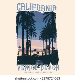 Vector illustration on the theme of surfing and surf in California, Venice Beach. Vintage design. Grunge background. Sport typography, t-shirt graphics, print, poster, banner, flyer, postcard