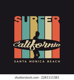 Vector illustration on the theme of surfing and surf in California. Sport typography, t-shirt graphics, print, poster, banner, flyer, postcard