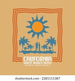 Vector illustration on the theme of surfing and surf in California. Sport typography, t-shirt graphics, print, poster, banner, flyer, postcard