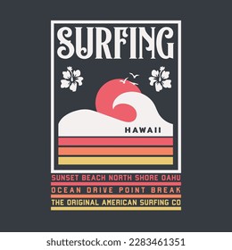 Vector illustration on the theme of surfing and surf in Hawaii. Flowers typography, t-shirt graphics, print, poster, banner, flyer, postcard