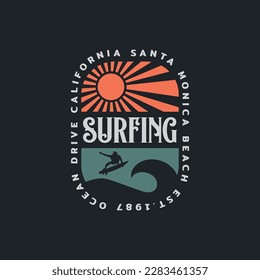 Ilustración vectorial sobre el tema del surf y el surf en California. Tipografía deportiva, gráficos para camisetas, impresión, afiche, pancarta, volante, postal