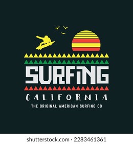 Vector illustration on the theme of surfing and surf in California. Sport typography, t-shirt graphics, print, poster, banner, flyer, postcard