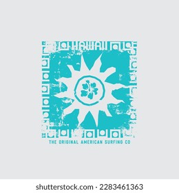 Ilustración vectorial sobre el tema del surf y el surf en Hawaii. Diseño de época. Borde de fondo. Tipografía de flores, gráficos de camisetas, impresión, afiche, pancarta, volante, postal