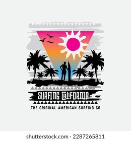Vector illustration on the theme of surfing and surf in California. Vintage design. Grunge background. Sport typography, t-shirt graphics, poster, print, banner, flyer, postcard