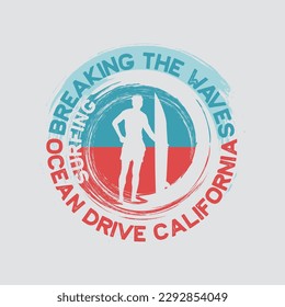 Vector illustration on the theme of surfing and surf in California. Stump typography, t-shirt graphics, print, poster, banner, flyer, postcard