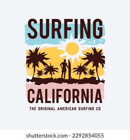 Vector illustration on the theme of surfing and surf in California. Sport typography, t-shirt graphics, print, poster, banner, flyer, postcard