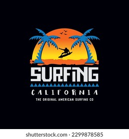 Vector illustration on the theme of surfing and surf in California. Sport typography, t-shirt graphics, print, poster, banner, flyer, postcard