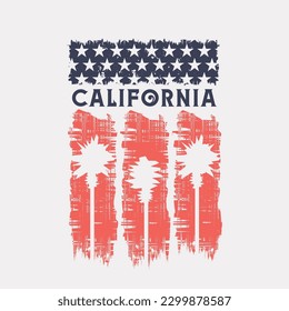 Vector illustration on the theme of surfing and surf in California. American flag.  Vintage design. Grunge background. Typography, t-shirt graphics, print, poster, banner, flyer, postcard