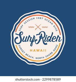 Vector illustration on the theme of surfing and surf rider in Hawaii. Stamp typography, t-shirt graphics, print, poster, banner, flyer, postcard