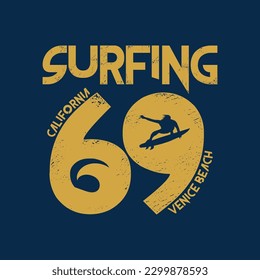 Vector illustration on the theme of surfing and surf in California. Vintage design. Grunge background. Number sport typography, t-shirt graphics, print, poster, banner, flyer, postcard