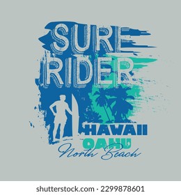 Ilustración vectorial sobre el tema del surf y el surf en Hawaii. Diseño de época. Borde de fondo. Tipografía deportiva numérica, gráficos de camisetas, impresión, afiche, pancarta, volante, postal