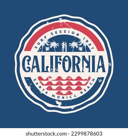 Vector illustration on the theme of surfing and surf in California. Vintage design. Grunge background. Sport typography, t-shirt graphics, print, poster, banner, flyer, postcard